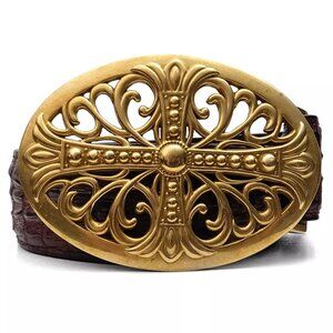 Handmade Gold Oval Buckle Brown Genuine Leather Crocodile Patterned Belt (0204)